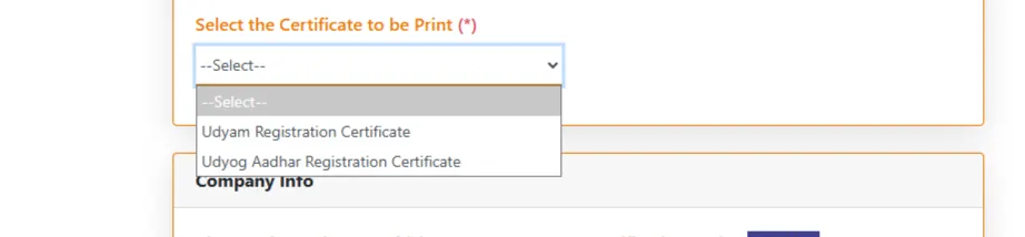 Dropdown to select Udyam Registration Certificate or Udyog Aadhaar Certificate